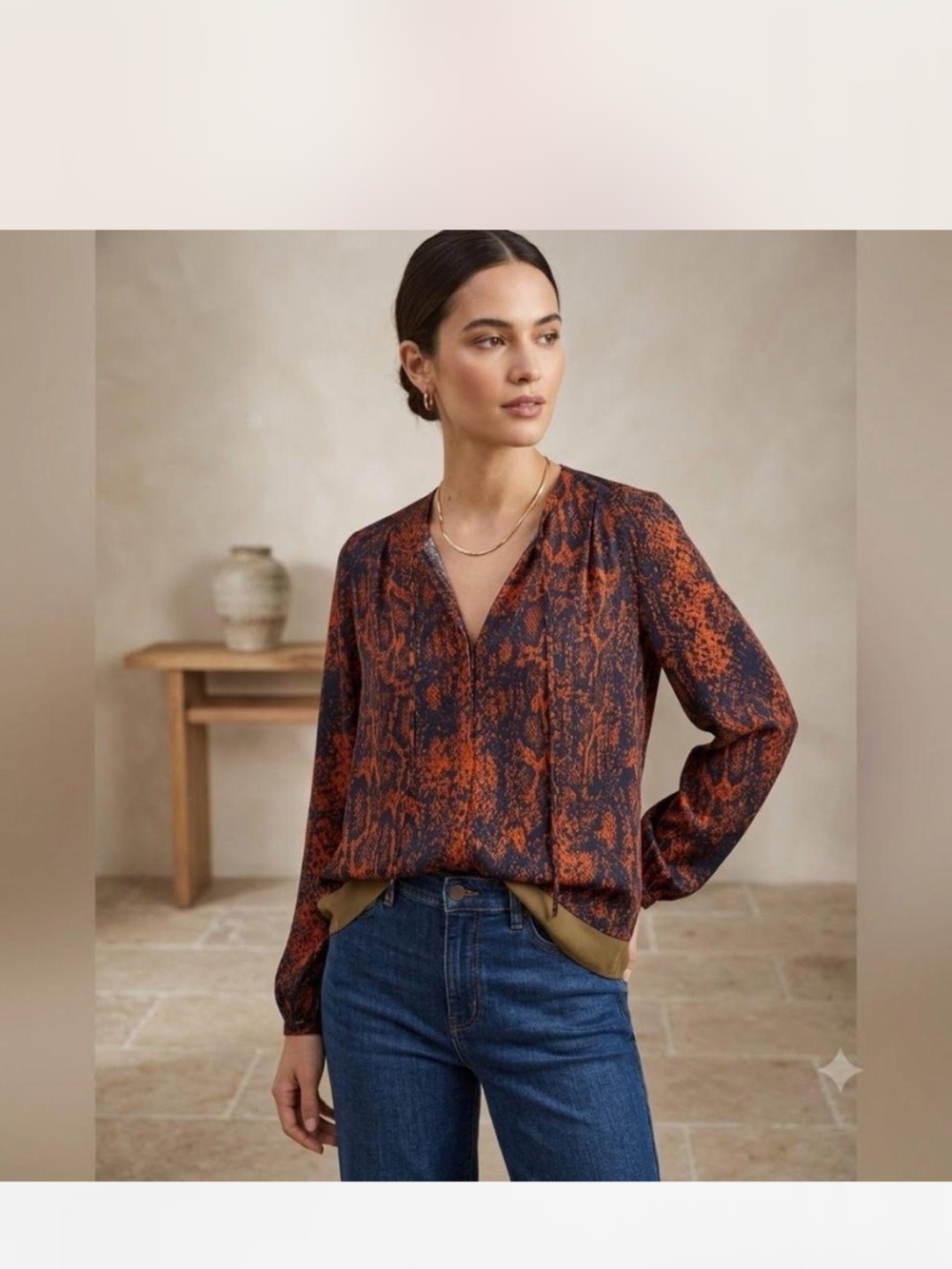 CAbi Orange and Blue Patterned Blouse EUC